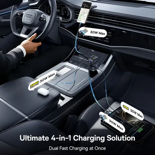 Baseus Car Charger 60W 100W 30W 240W 4 ports Built in Dual Retractable Cable PD Fast Charging USB Type-C Car Phone Charger - Image 3