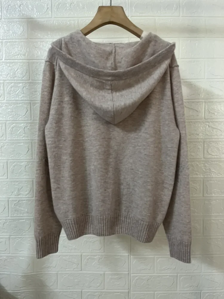2024 Fall Winter Women Star Embroidery Sweater Zipper 100% Cashmere Long Sleeve Hooded Loose Female Knit Cardigan Coat 5
