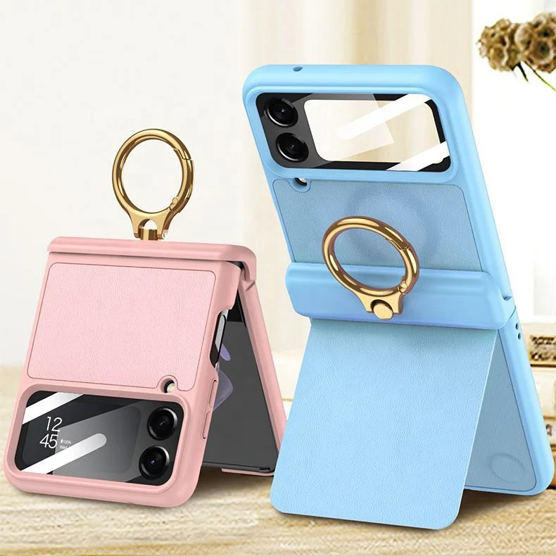 

For Samsung Z Flip4 Mobile Phone Case Magnetic Shaft Ring Buckle Bracket Plain Leather Folding Anti-drop Protective Case