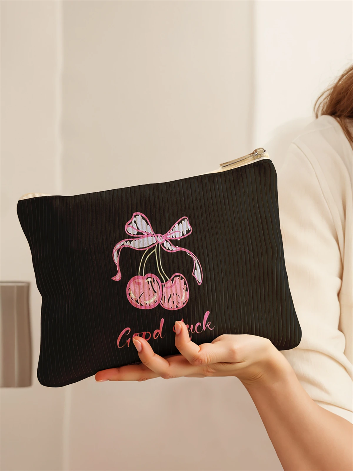 Women's Corduroy Travel Cosmetic Bag Portable Large Capacity Makeup Storage Organizer Zipper Clutch Purse Make up Bag