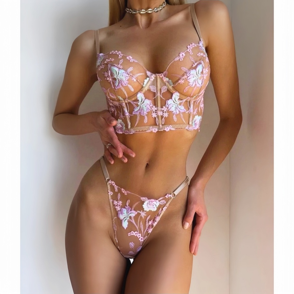 Krasapt Color Floral Embroidery Lingerie 2Pcs Sets Fancy Mesh See-through Bras And Thongs Underwear Suits Erotic Intimate Set
