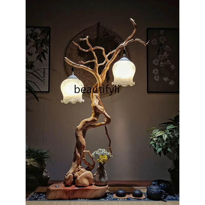 

yj New Chinese Table Lamp Root Carving Modern Retro Zen Lamp Tea Table Slightly Luxury Decoration Decoration Lamp