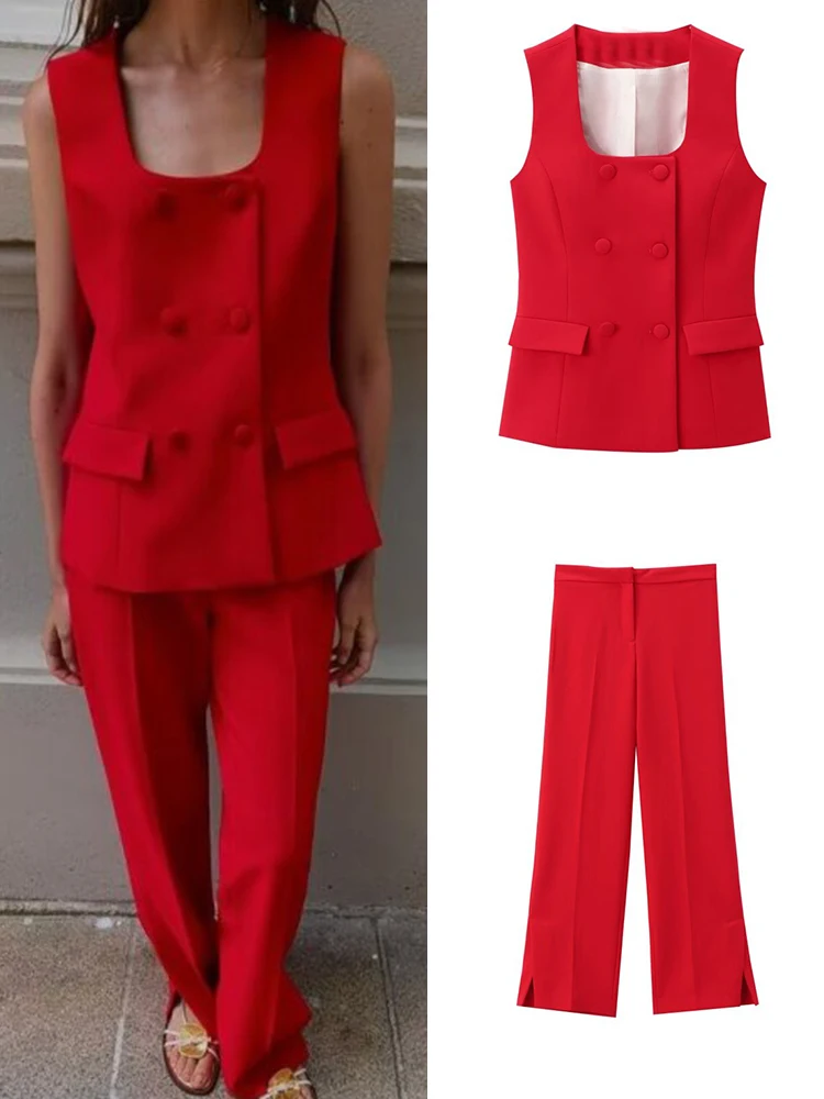 

Женский летний повседневный костюм из двух предметов, однотонный жилет, пальто и прямые брюки, элегантный уличный костюм из двух предметов, 2024