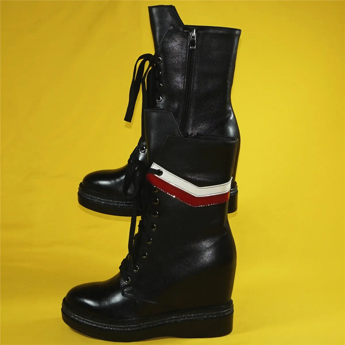 Party Pumps Shoes Women Lace Up Genuine Leather Wedges High Heel Vulcanized Shoes Female High Top Fashion Sneakers Casual Shoes