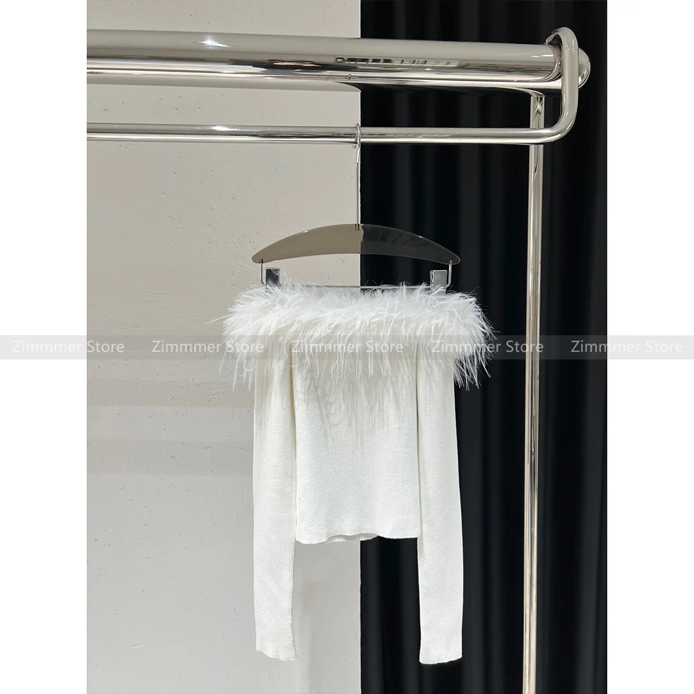 

2024 Spring new pure desire wool hair collar splicing one-line collar strapless thin short knit sweater tops