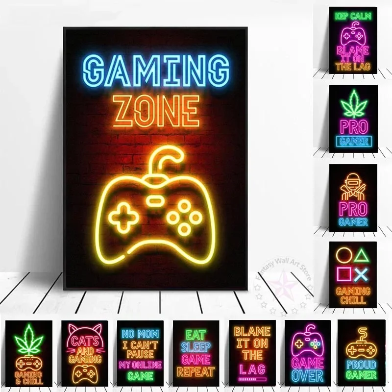 

Неоновая игровая Картина на холсте для геймеров настенный художественный постер и принты для съедобного сна повторяющиеся фрески для мальчиков комнаты игровой зоны Декор