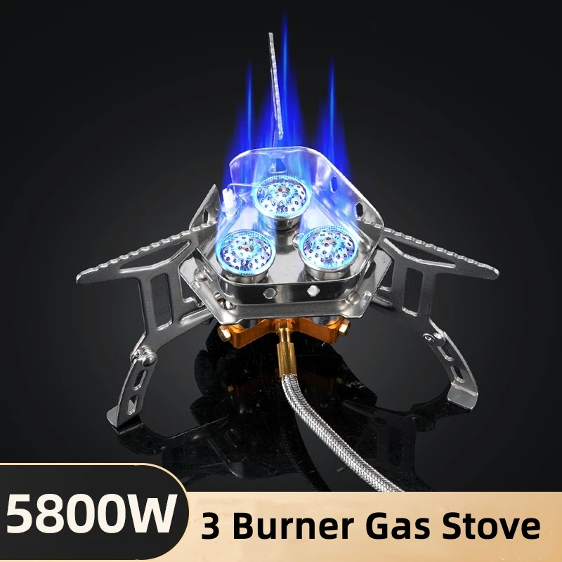 

New Camping Tourist Burner 5800W Big Power Three Head Gas Stove Windproof Outdoor Picnic Barbecue Furnace Portable Camping Stove