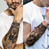 5PCS Wolf Lion Waterproof Temporary Tattoo Sticker Tiger Rose Flower Dragon Snake Skull Animal Body Art Arm Fake Tatoo Men Women 2