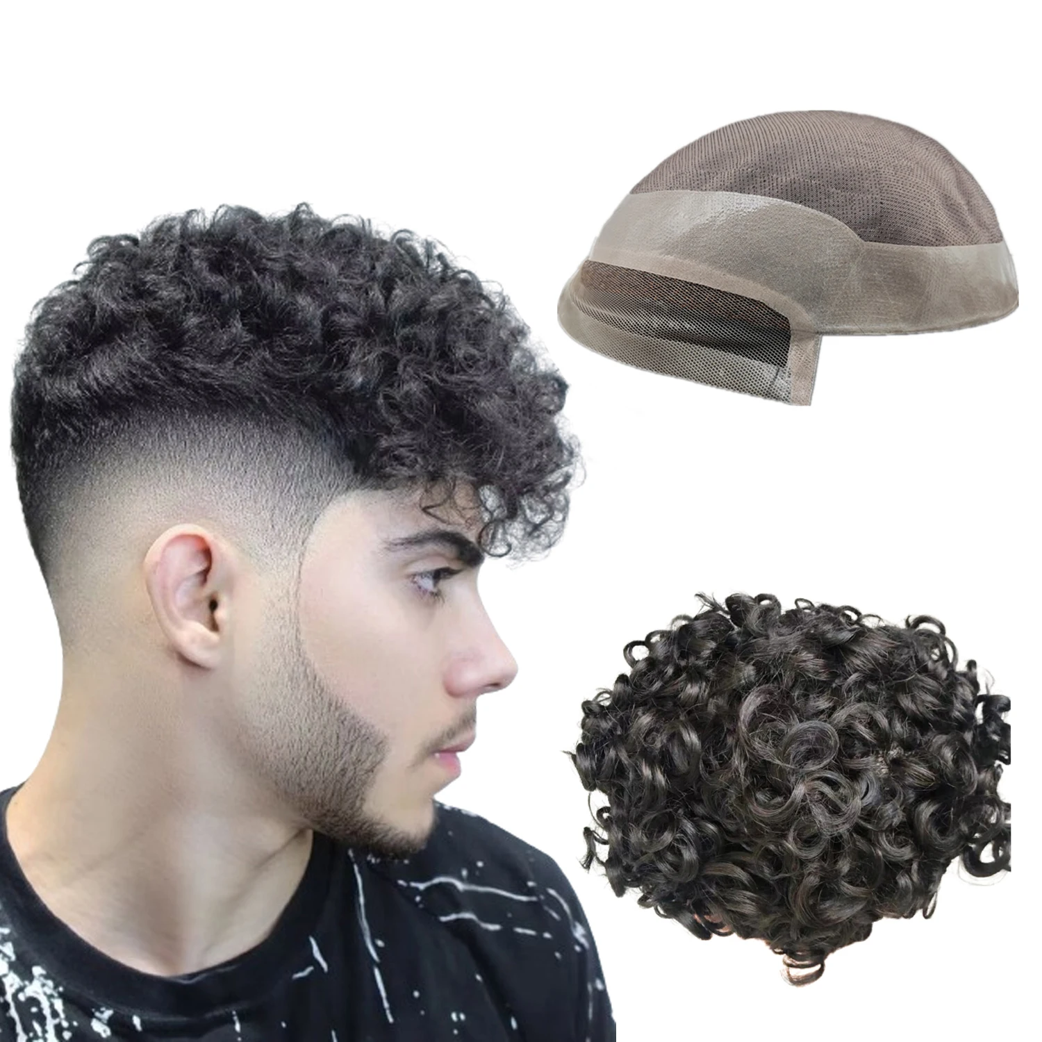 

N.L.W Toupee for Men Front Lace and Mono with PU around Men Toupee Human10mm curl Hair prosthesis Natural black