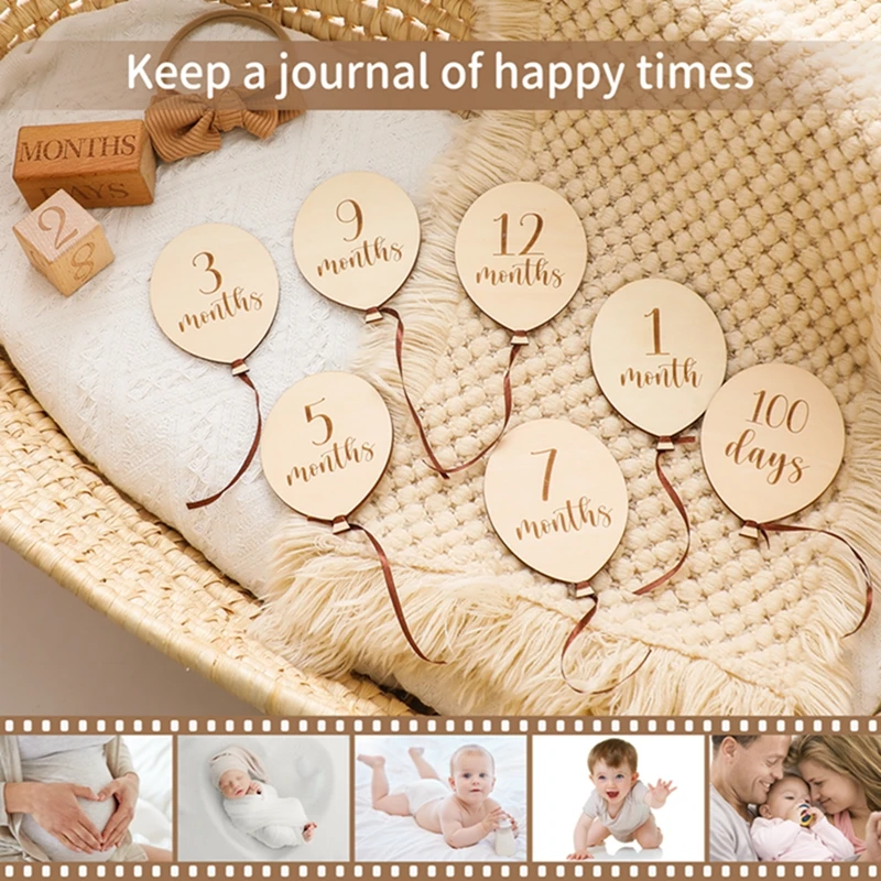 9PCS Baby Wooden Balloon Milestone 1 12 Month Card Newborn Children Photography Props Birthday Party Decoration