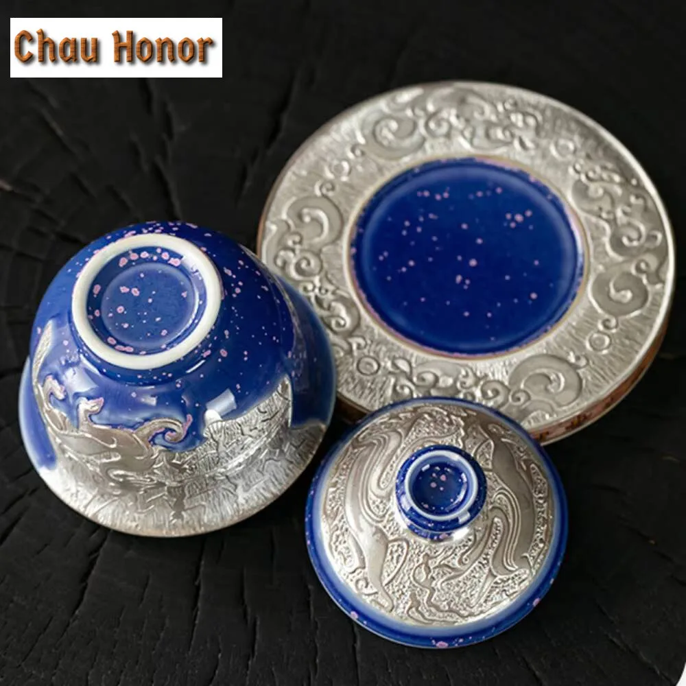 Handmade 999 Gilded Silver Tea Tureen High End Relief Non Hot Tea Bowl Chinese Tea Brewing Kettle Kung Fu Teaware Utensil Gifts