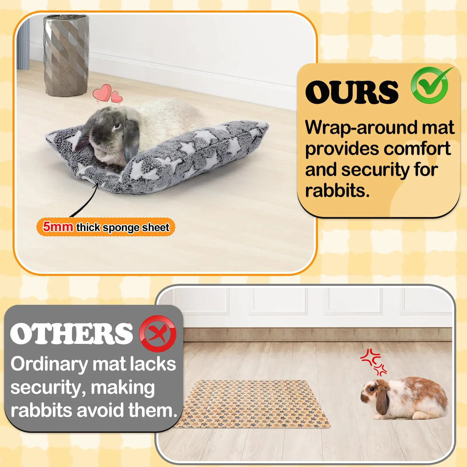 Letto per conigli: letto concavo per conigli spesso e morbido, morbido cuscino in stile cuscino, fornito con cuscino reclinabile, adatto per regali per dormire con conigli da interni, motivo a stella grigia - immagine 2