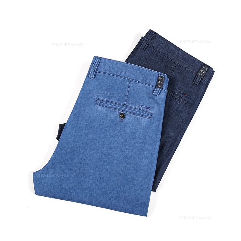Summer Thin Men's Casual Straight Jeans Classic High Waist Ice Silk Drape Business Loose Denim Pants Black Blue Brand Trousers 6