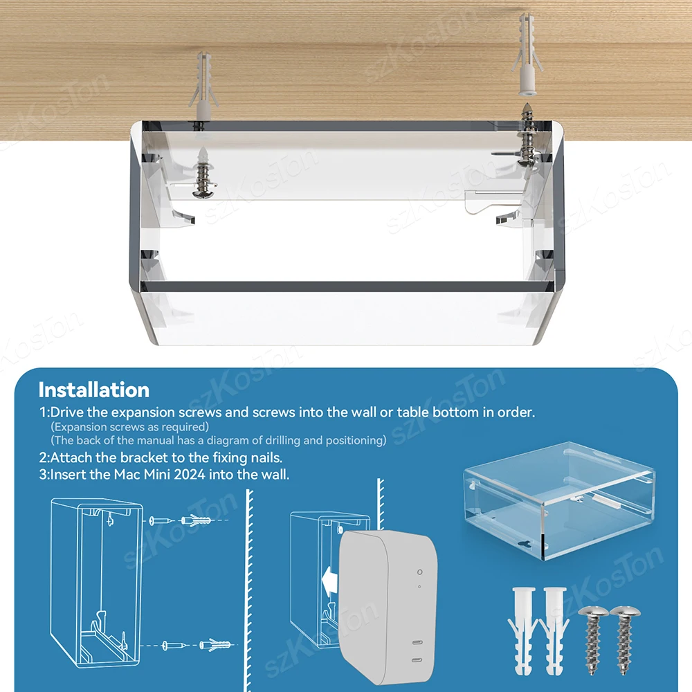 Wall and Undercounter Stand for Mac Mini M4 / M4 Pro Transparent Acrylic Bracket Protective Cover with Power Switch Design