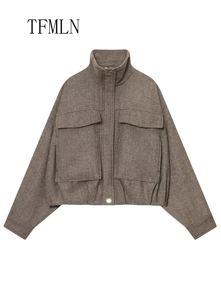 Oversize Causal Bomber Jackets For Women 2025 Autumn Winter Retro Loose Stand Collar Pockets Coats Zipper High Street Outwear