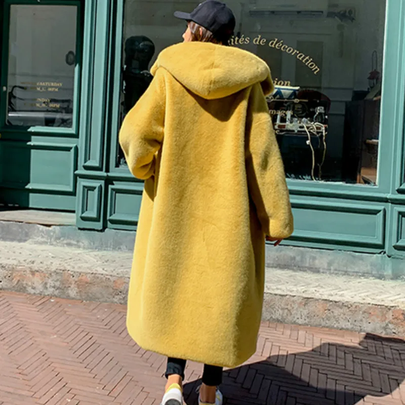 Hooded Imitation Mink Hair Long Jacket Winter Coat Women Faux Rabbit Hair Fur Coat Loose Thick Warm Faux Fur Jacket Tide