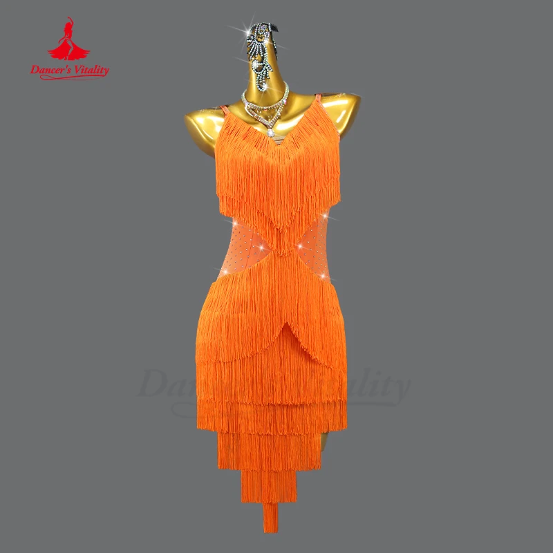 

Latin Dance Competition Performance Costume Customsized Senior AB Stones Chacha Tango Professional Tassel Costume Latin Dresses