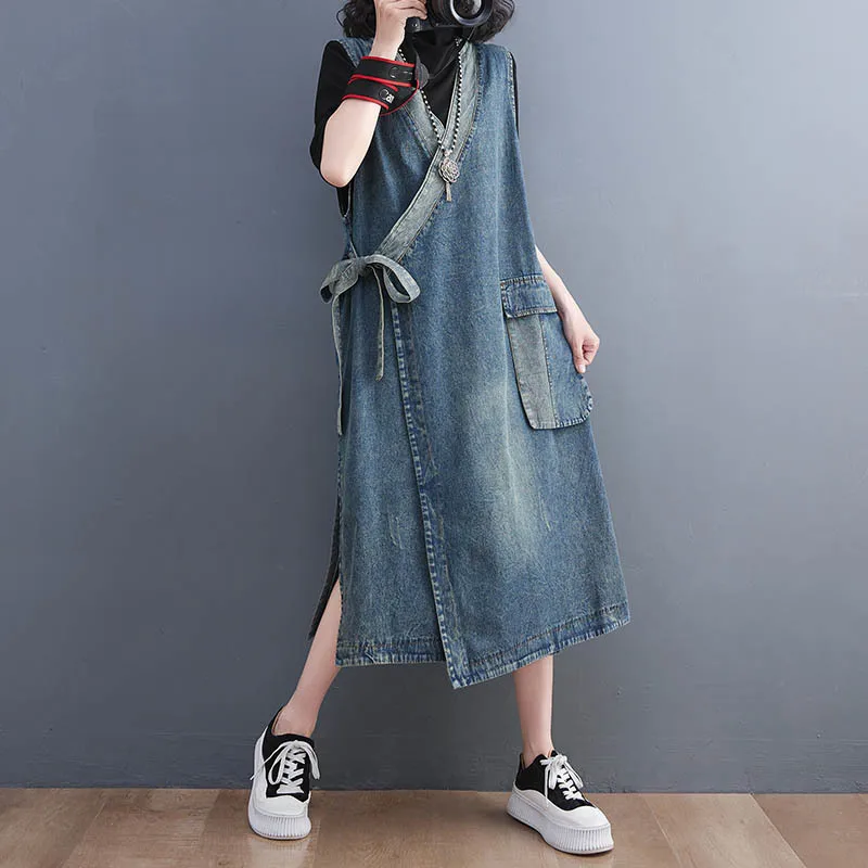 Amax luluE Güz Lüks Uzun Elbise Bayan Moda Gevşek Kemer Kolsuz Denim Elbiseler Bayanlar Klasik Eğlence Vintage vestidos