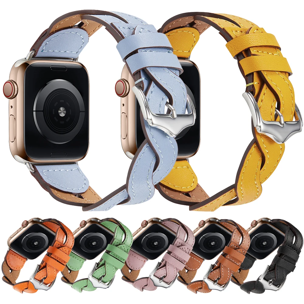 

Ремешок кожаный для Apple Watch 7 6 5 4 3 SE, браслет для iWatch Series 41 мм 45 мм 42 мм 38 мм 40 мм 44 мм, аксессуары для наручных часов