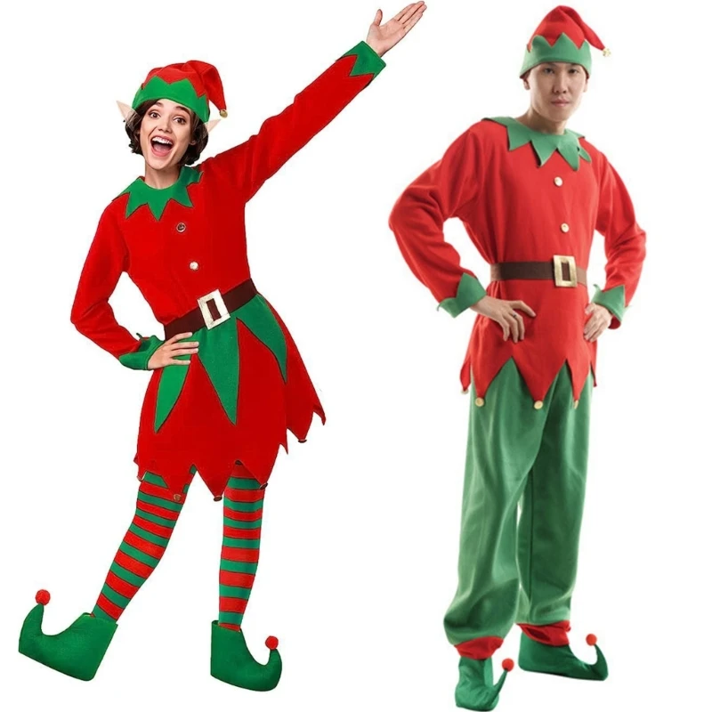 

Green and Red Christmas Fancy Dress Outfit Costume Fancy Dress Adult Mens Womens Christmas Elf Costume Elf Hat with Ears