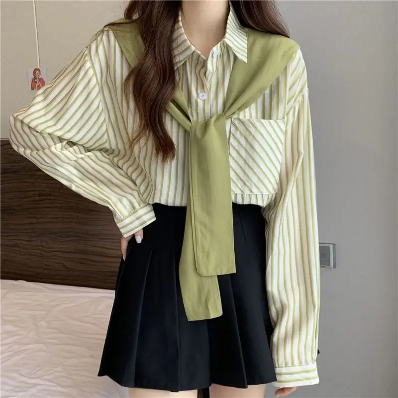 Fashion Vintage Striped Fake Two Shawl Shirts Women New Spring Autumn Design Loose Long Sleeve Button Down Blouses 2022 New