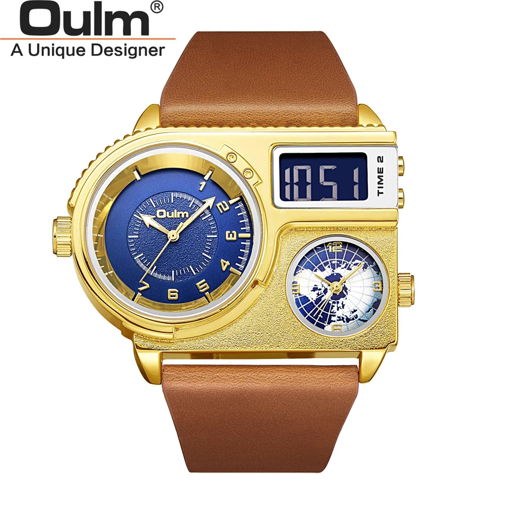 Oulm 5026 New Dual Display Two Time Zone Sport Watch Male Big Dial Quartz Clock Hours Men's Genuine Leather Strap Wristwatch 