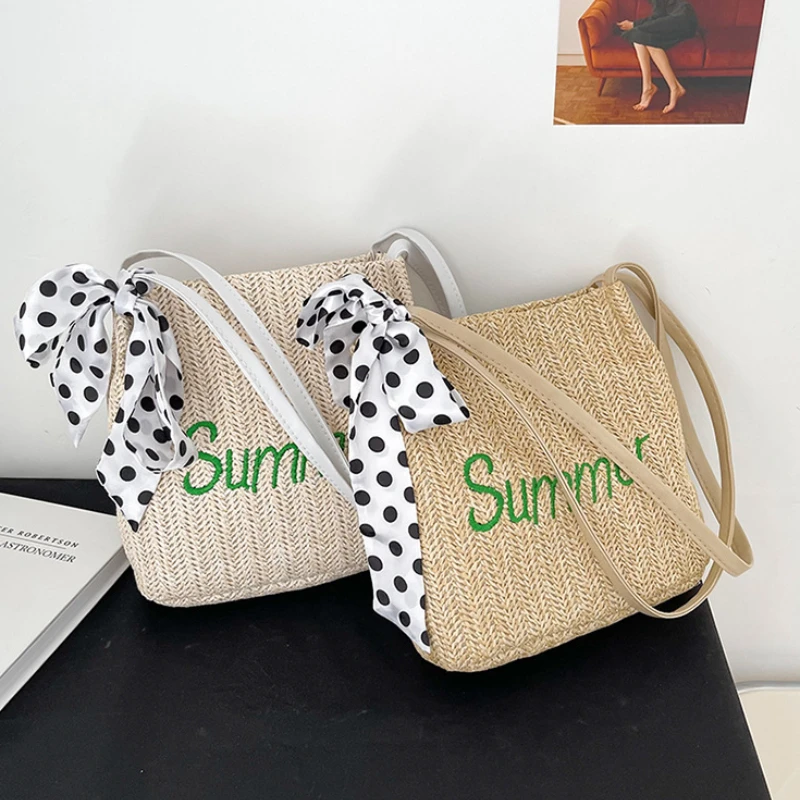 

Simple and Large-capacity Straw Woven Bag Fashion Silk Scarf Women's Shoulder Bag Trendy Woven Zipper Handbags for Women 2023