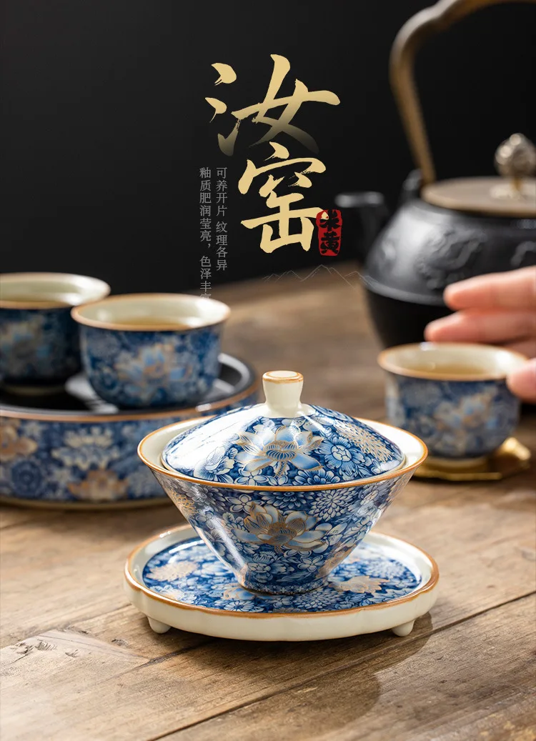 Description Picture 3 of itemCeramic Ru Kiln Gold Million Flower Hat Three Cover Bowl Teacup Home High-end Tea Bowl Large Not Hot Tea Set