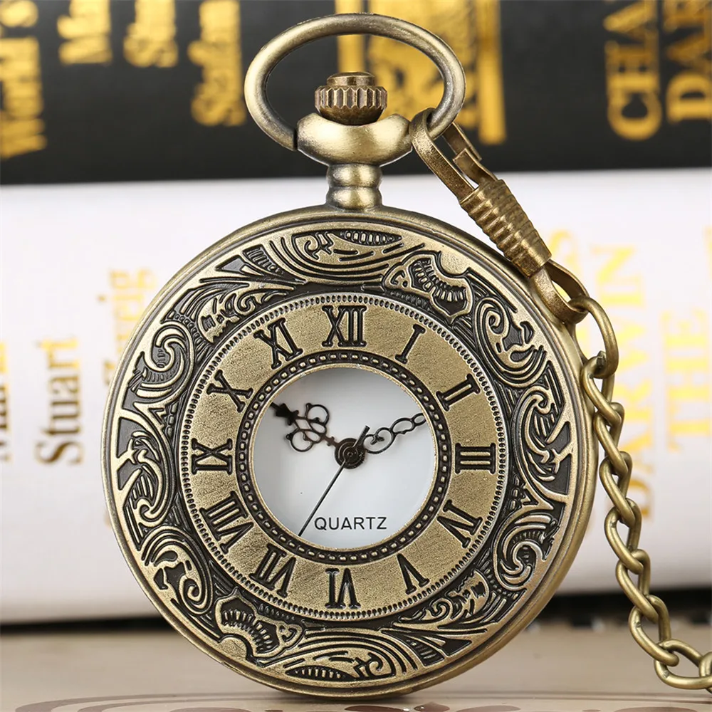 

Sdotter Bronze/Silver Engraved Roman Numerals Quartz Pocket Watch White Dial Arabic Numerals Pendant Retro Pocket Clock Gift Men