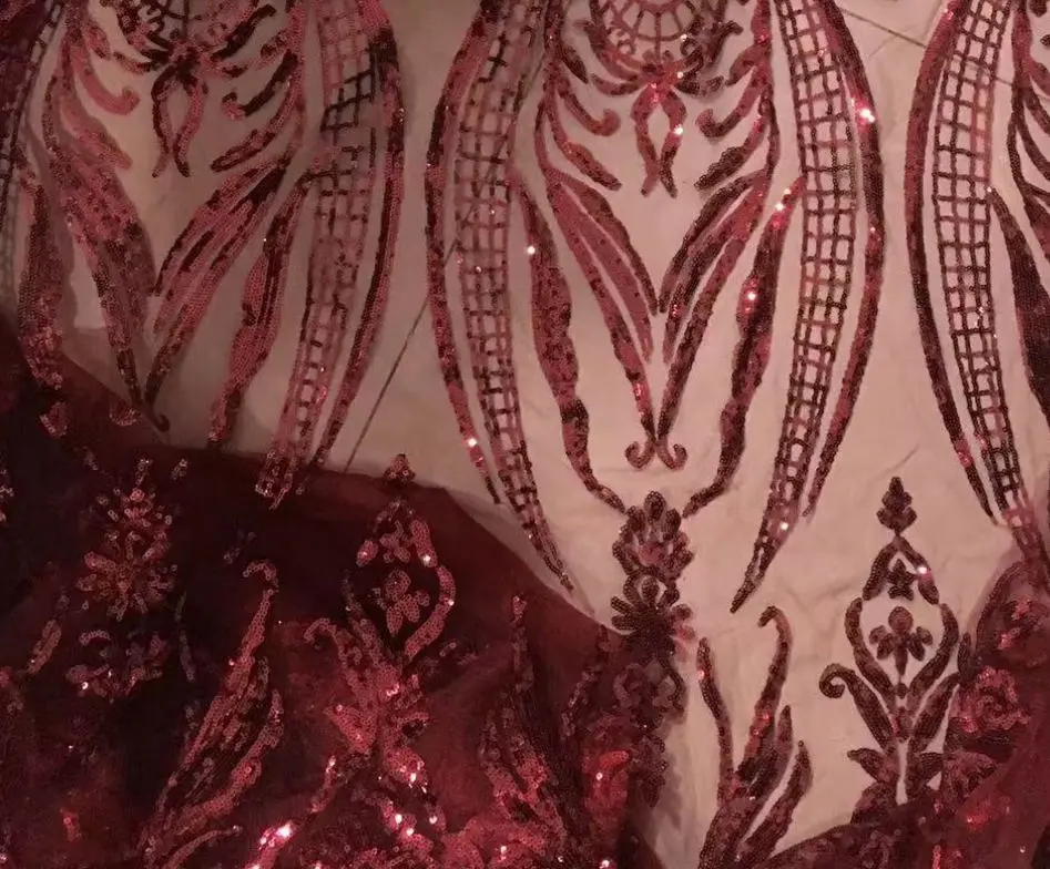 Elegant Rose Red and Dark Green Glitter Lace Fabric