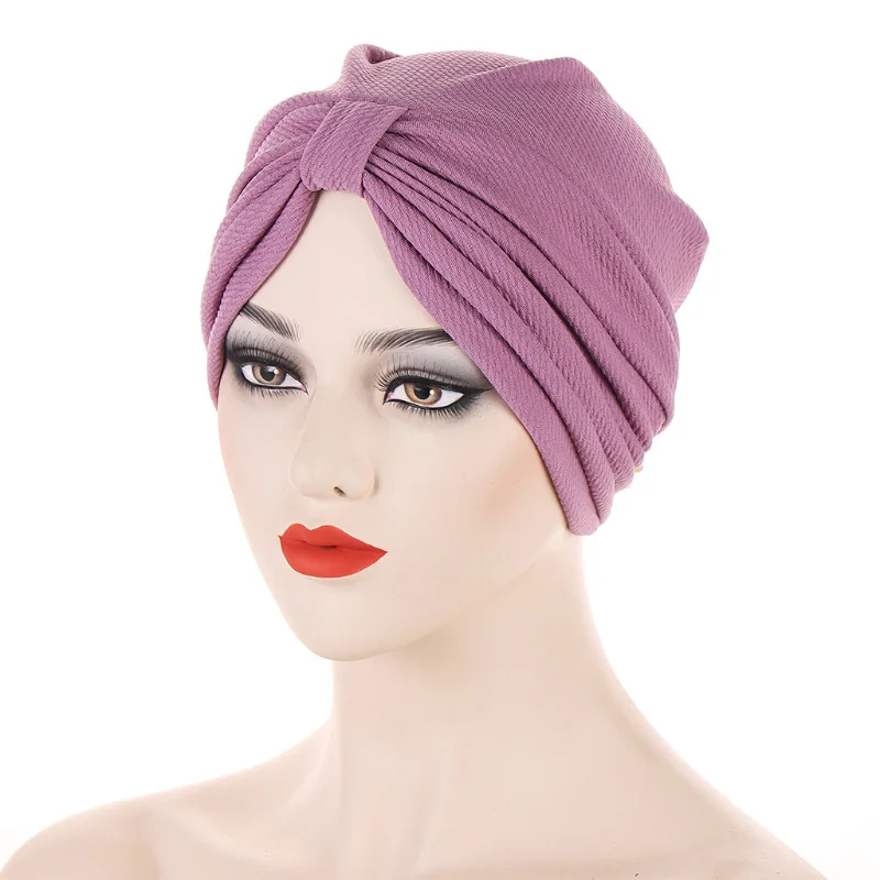 

KepaHoo Muslim Knotted Headdress Turban Bonnet For Woman Solid Color Hijab Caps Arab Wrap Hijab Islamic Headscarf Hat Head Wrap