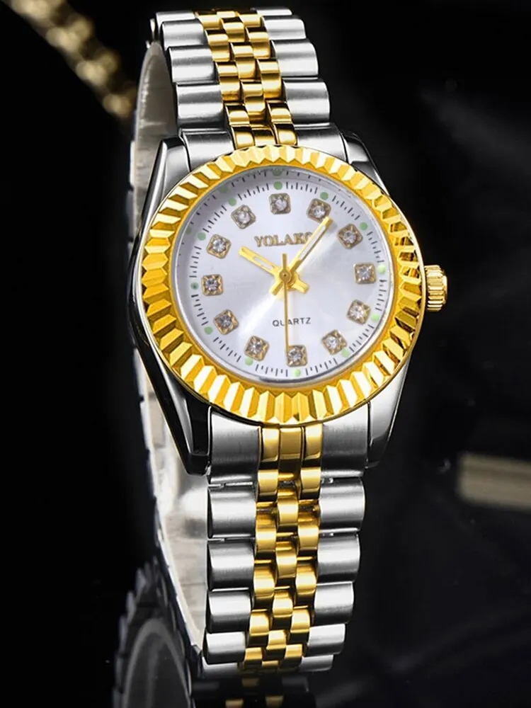1pcs Women's Fashion Round Room Gold Steel Band Quartz Wristwatch 3