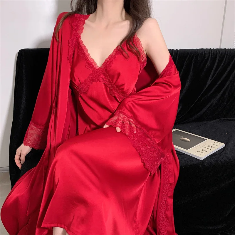 Elegant Female Nighty&Robe Set Long Bathrobe Nightgown Sexy Lace Trim Nightdress Sleepwear Spring Summer Silk Satin Home Wear