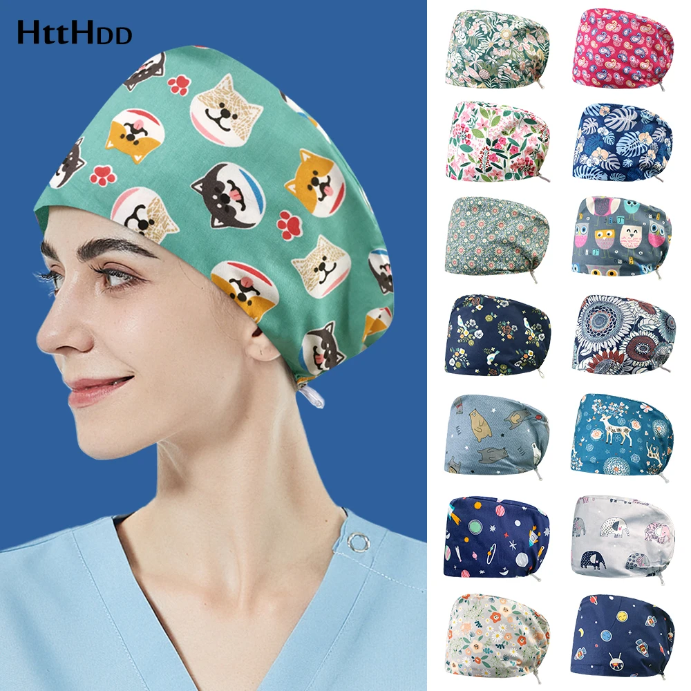 

New Cartoon Print Frosted Hat Woman Baotou Adjustable Dustproof Work Cap Beauty Salon Hospital Laboratory General Nursing Cap