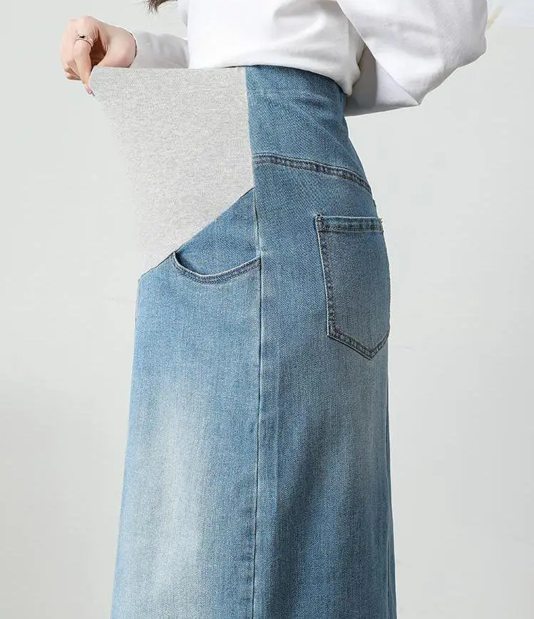New Maternity Women's Denim Midi Skirts Premama Korean Style High Waist Front Slit Long Skirts Pregnant Women Casual Loose Skirt