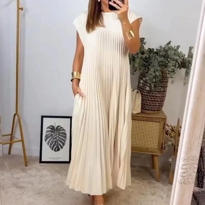 

2024Spring and Summer New Fashion round Neck Sleeveless Pleated Dress Women's Long Dress