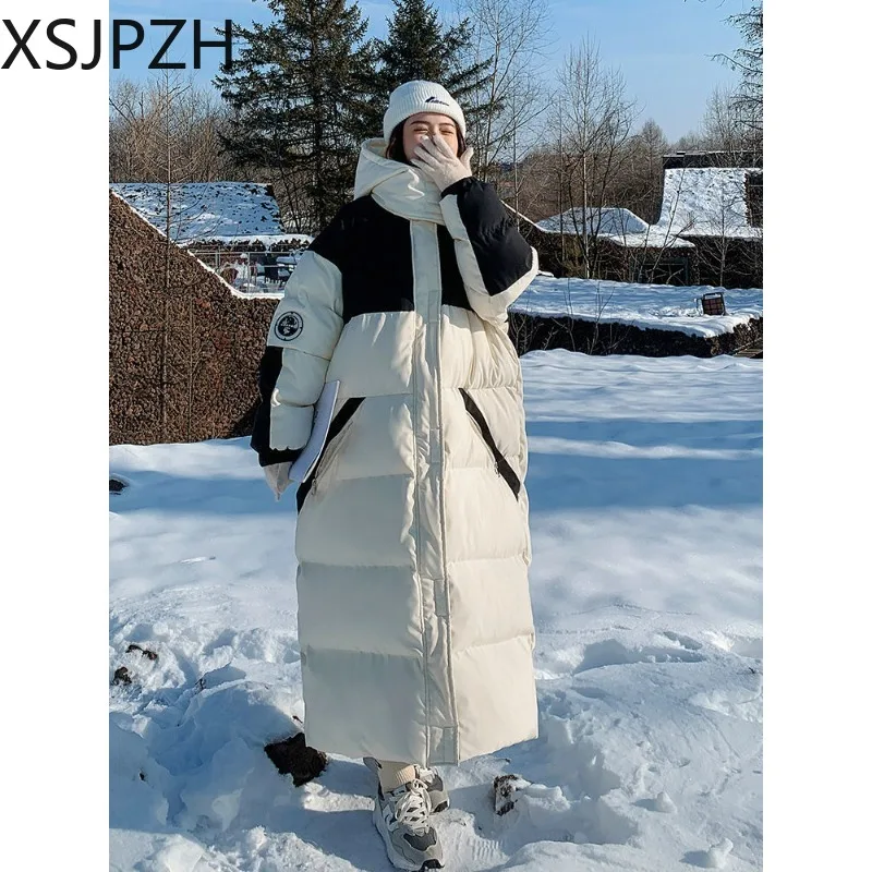 

Xsjpzh-Thickened Long Down Coat Women Loose Hooded Cotton Jacket Work Outerwear, Over the Knee, Korean Version New, Winter, 2023