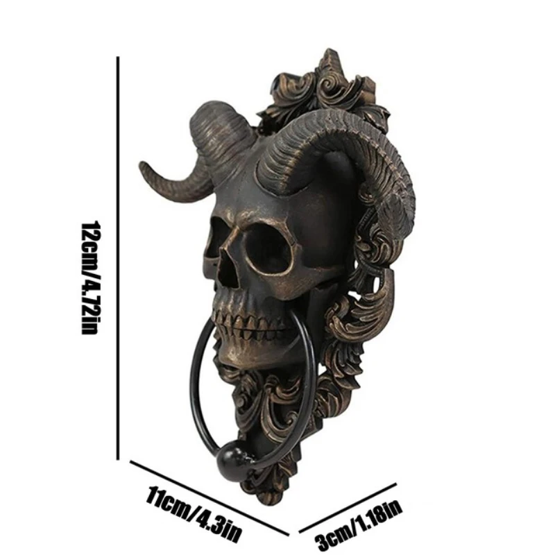 Door Knocker Horned Skull Statues Hanging Door Knocker Vintage Iron Shofar Heavy Duty Gothic Doorknocker Door Handle Home Decoration