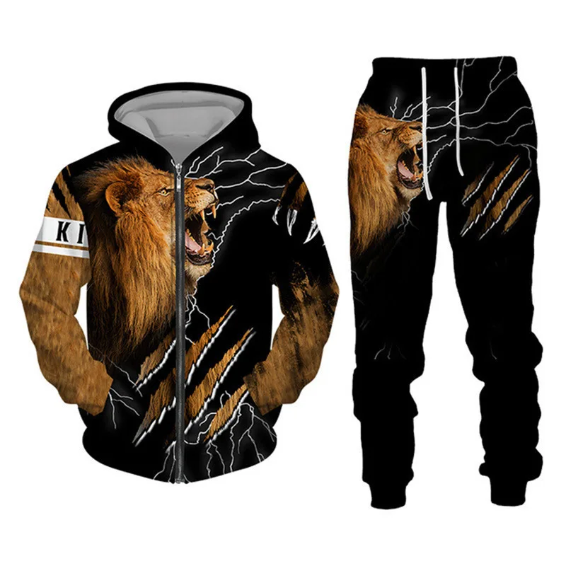2023 Men's Tracksuit 3D The Lion Print Zipper Hoodies Sweatshirts Pants Sets Casual Mens Clothing Autumn Winter
