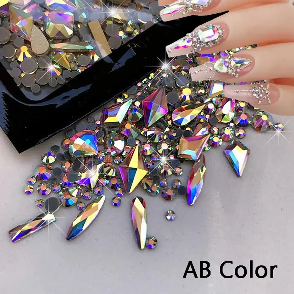 AB/Clear Flatback Mixed-Shaped Round Nail Art Charms Aurora Sparkly Gold/Red Rhinestones Xmas Manicure Decor Gems Diamonds 1Bag nail art rhinestones