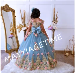 Flower Girl Dresses Elegant Puffy Stack Appliques 3D Flowers Sleeveless For Wedding Birthday Party First Communion Gown