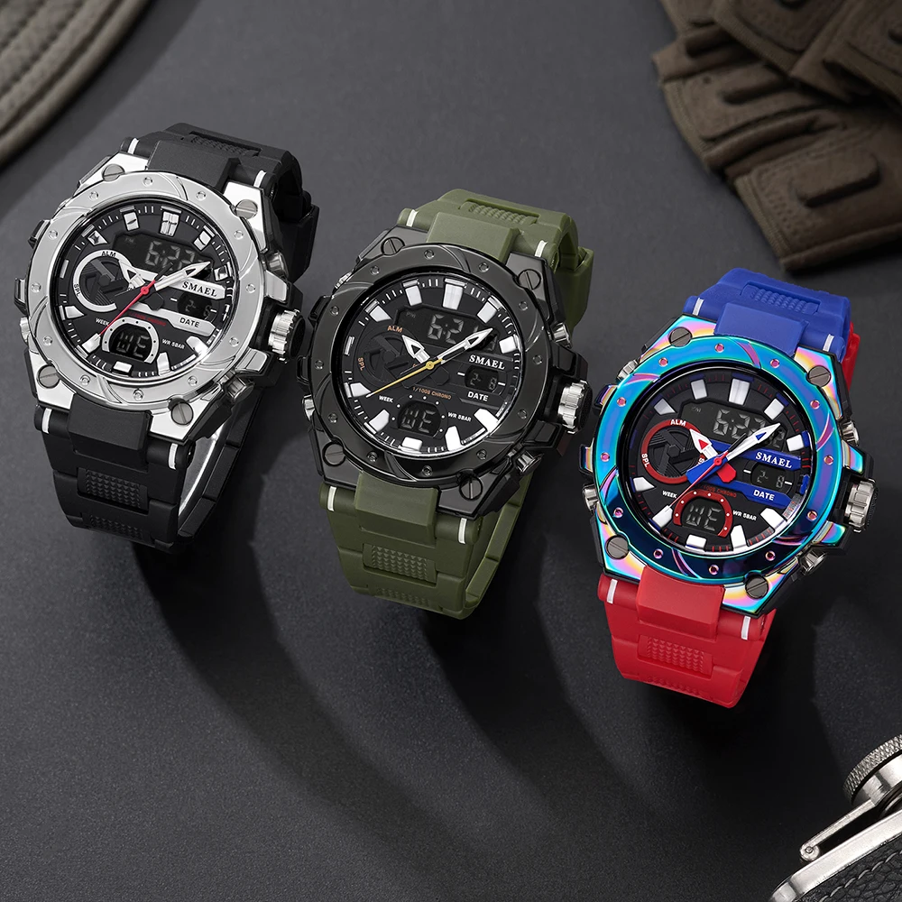 SMAEL Brand Sport Watches 50M Wateproof Dual Time Display Watches LED 8029 Stopwatches Alarm Multifunctional Men's Wristwatches