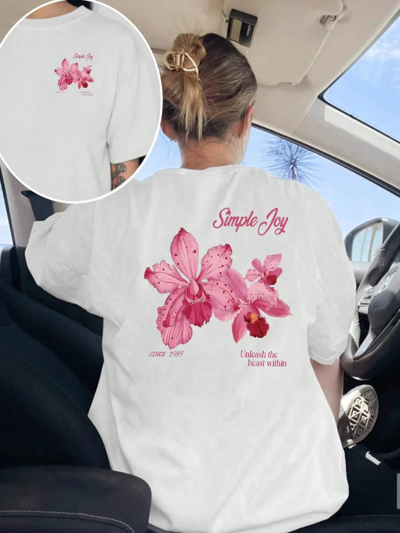 Women's Pink Orchid Print T-Shirt Sleeve Round Neck Top Summer Style T-shirt Comfortable Women's Clothing Top Aesthetic Clothes 2
