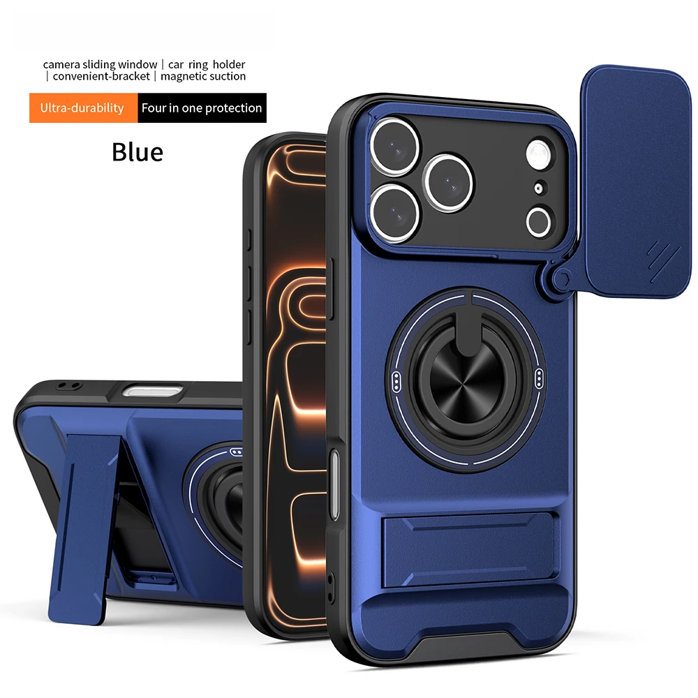 Armor Rugged Shockproof Magnetic Phone Case with Rotatable Ring Stand Cover and Camera Lens Protection