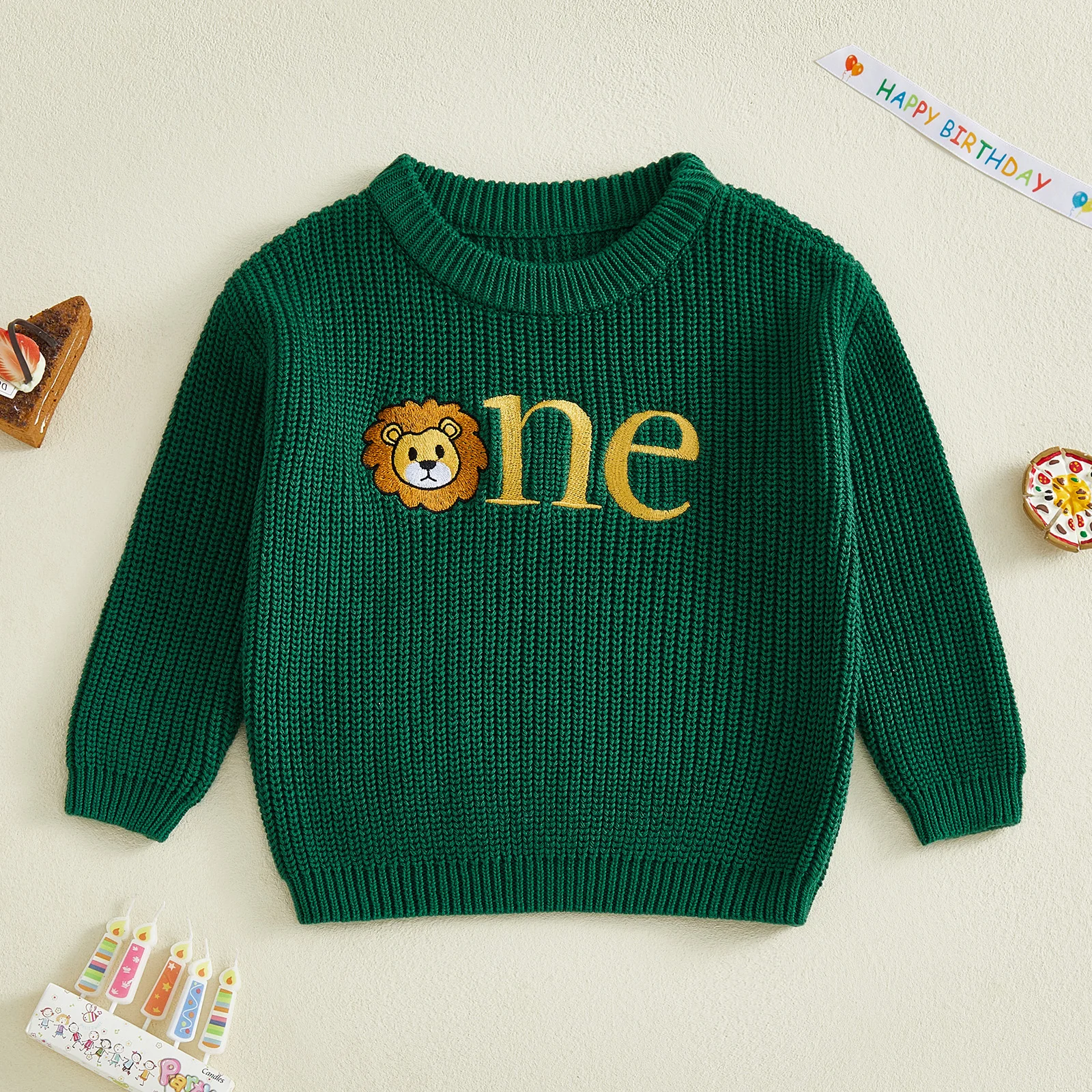 베이비 보이 스웨터 긴 소매 라운드 넥 사자 문자 자수 니트 풀오버 점퍼 탑