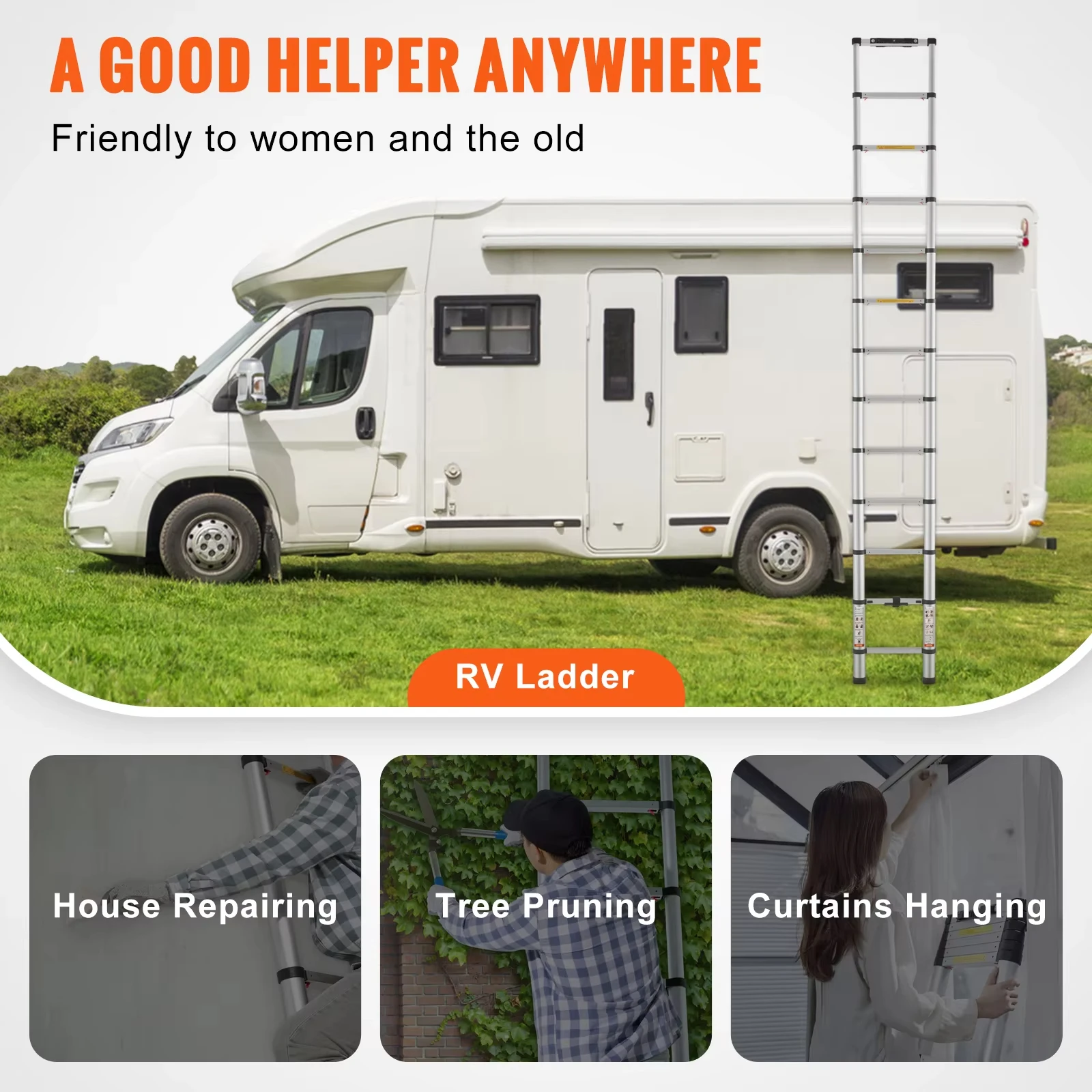 VEVOR Telescoping Ladder 12.5 FT Aluminum One-Button Retraction Collapsible Extension 375 LBS Capacity w/Non-Slip for Home RV Folding ladder