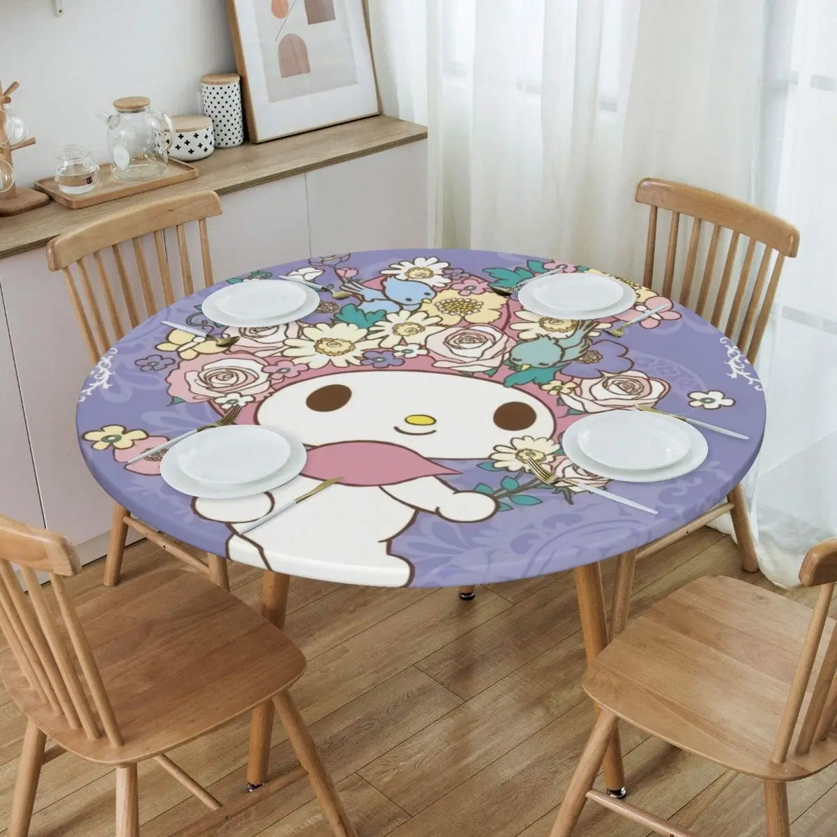 

Круглая маслостойкая мультяшная моя мелодия Sanrio, японское аниме покрытие для стола, эластичная приталенная скатерть для пикника с окантовкой