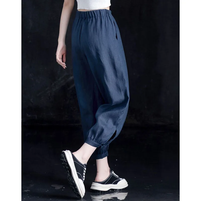 Casual Women's Solid Color Bloomers Pants Summer Simplicity Fashion Elastic Waist Cotton Linen Pockets Pants Female Clothing