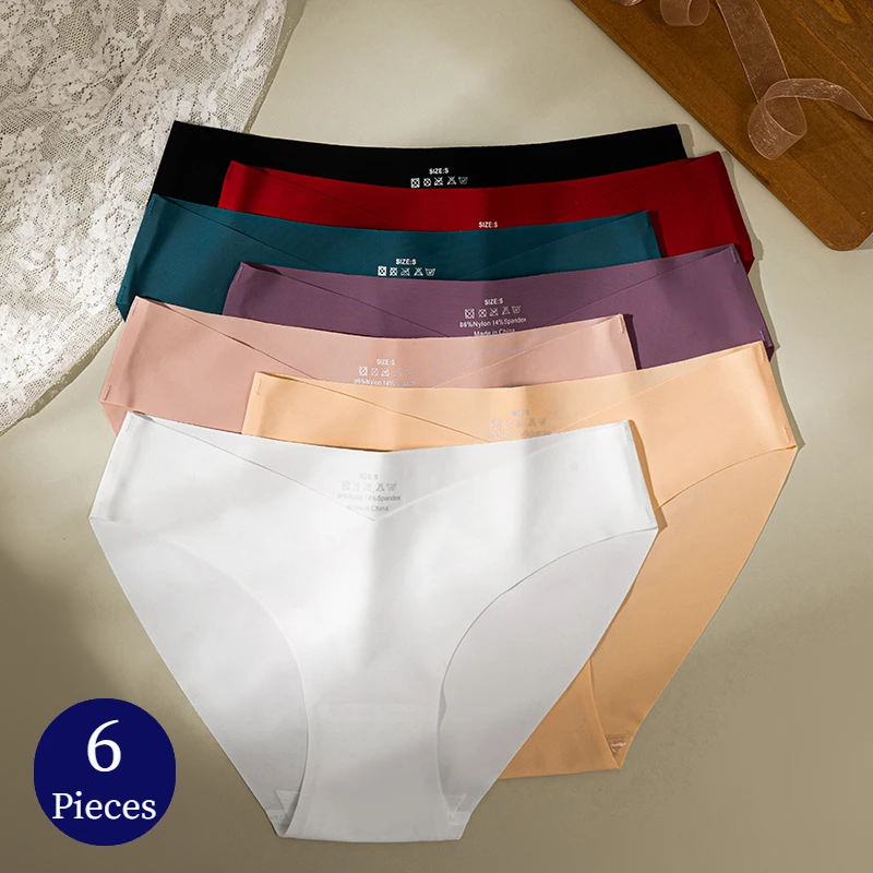 TrowBridge 6PCS/Set Women's Panties Fashion V-Cut Underwear Seamless Silk Satin Briefs Cozy Lingerie Breathable Sport Underpants