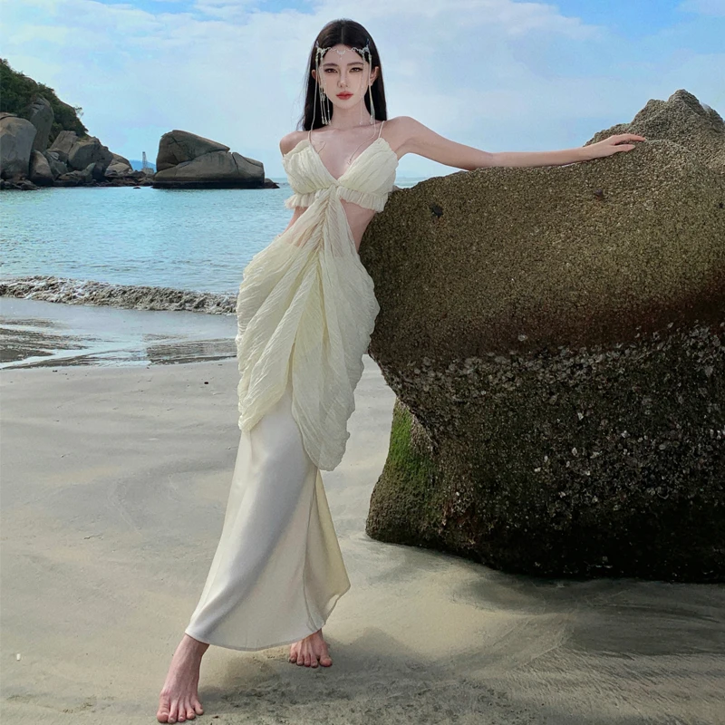 

Asymmetric Fold Hollow Waist Mermaid Dress Vacation Skirt Beach Dress Long